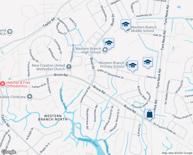 map of restaurants, bars, coffee shops, grocery stores, and more near 4217 Meadowgate Court in Chesapeake