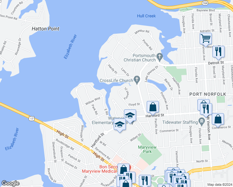 map of restaurants, bars, coffee shops, grocery stores, and more near 556 Lanier Crescent in Portsmouth