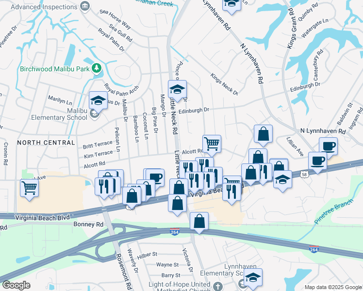 map of restaurants, bars, coffee shops, grocery stores, and more near 408 Little Neck Road in Virginia Beach