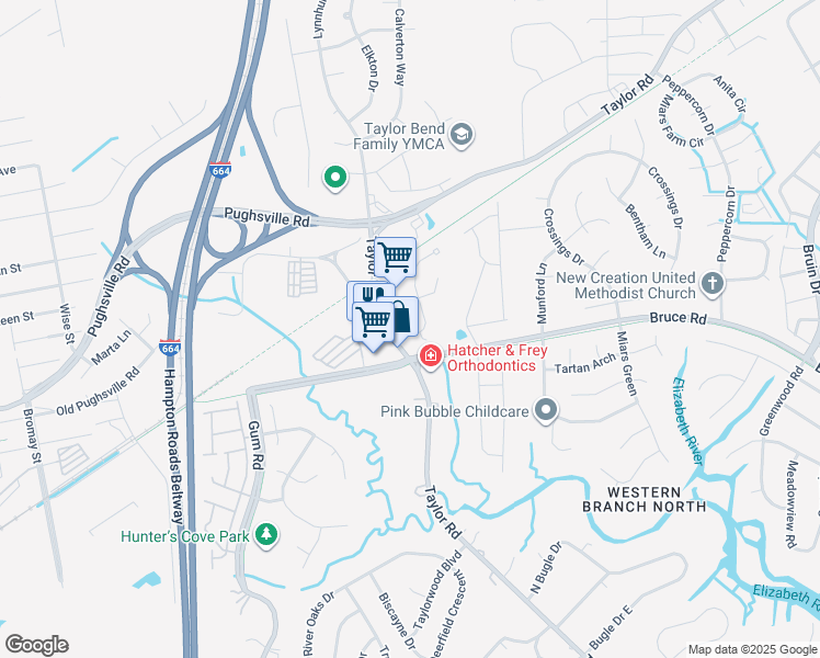 map of restaurants, bars, coffee shops, grocery stores, and more near 3325 Taylor Road in Chesapeake