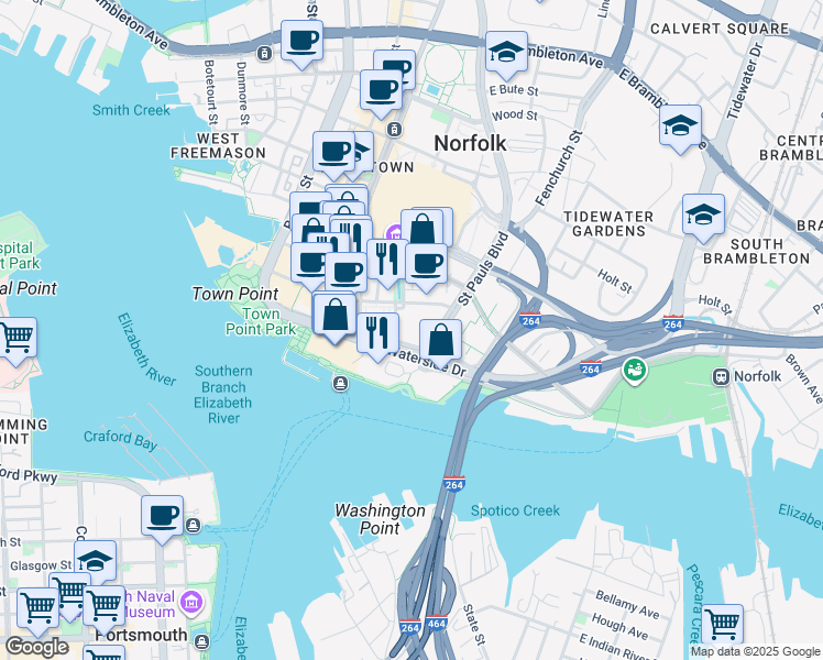 map of restaurants, bars, coffee shops, grocery stores, and more near 3 Commercial Place in Norfolk