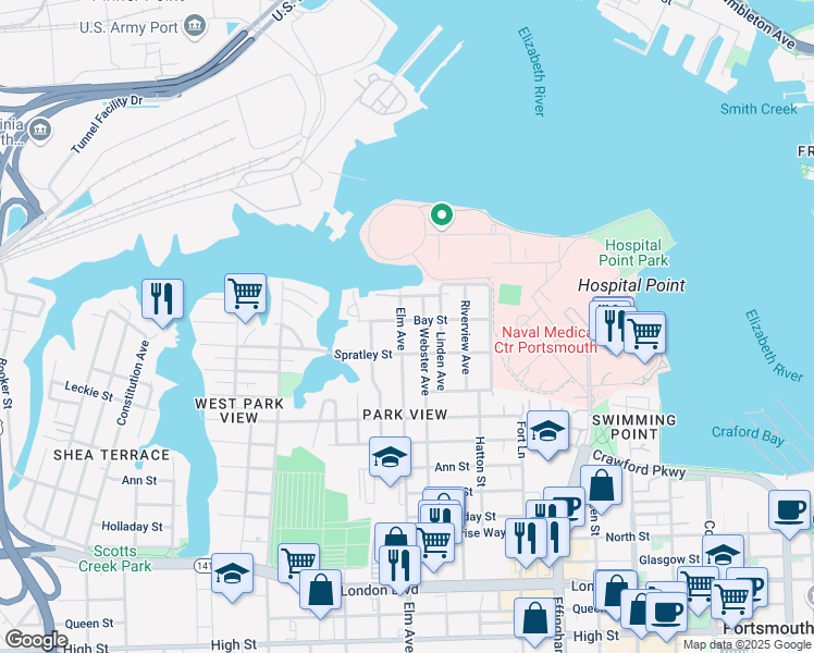 map of restaurants, bars, coffee shops, grocery stores, and more near 72 Webster Avenue in Portsmouth