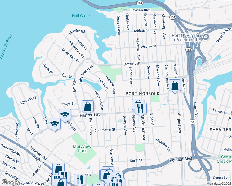 map of restaurants, bars, coffee shops, grocery stores, and more near 529 Hamilton Avenue in Portsmouth