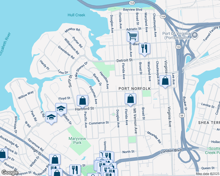 map of restaurants, bars, coffee shops, grocery stores, and more near 529 Hamilton Avenue in Portsmouth