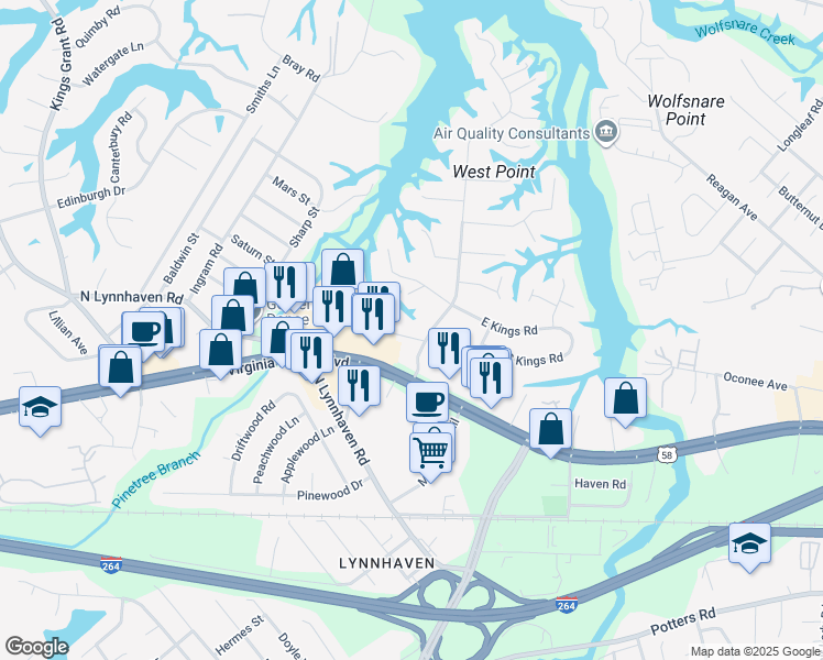 map of restaurants, bars, coffee shops, grocery stores, and more near 2809 Queen Anne Road in Virginia Beach