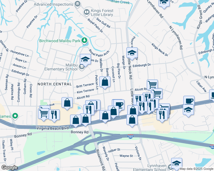 map of restaurants, bars, coffee shops, grocery stores, and more near 413 Bamboo Lane in Virginia Beach
