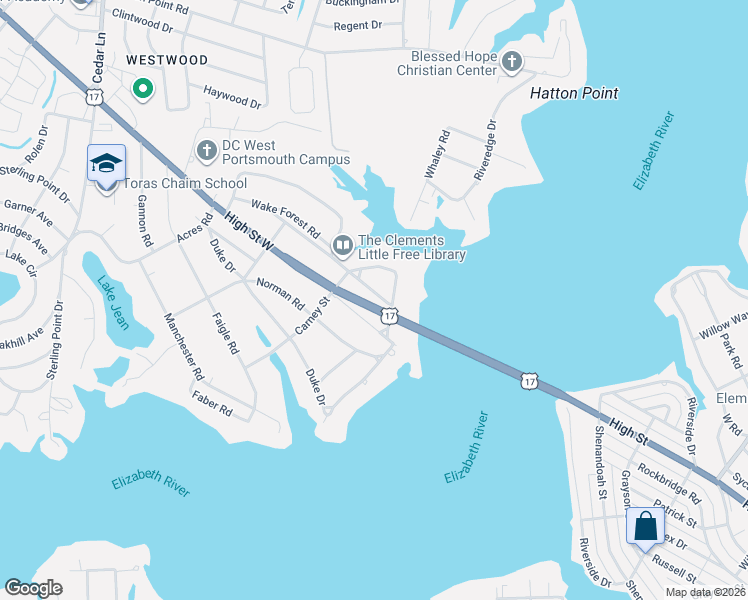 map of restaurants, bars, coffee shops, grocery stores, and more near 4400 Green Acres Parkway in Portsmouth
