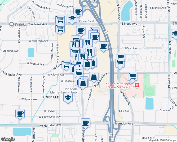 map of restaurants, bars, coffee shops, grocery stores, and more near 7367 North Blackstone Avenue in Fresno