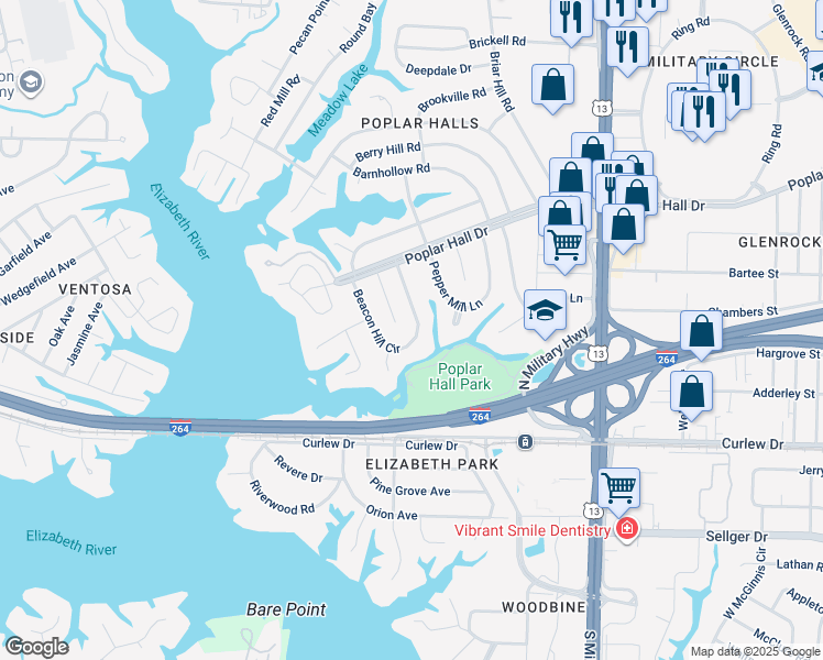 map of restaurants, bars, coffee shops, grocery stores, and more near 456 Beacon Hill Circle in Norfolk