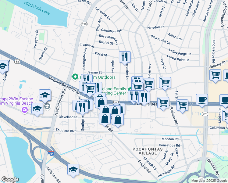 map of restaurants, bars, coffee shops, grocery stores, and more near 4980 Virginia Beach Boulevard in Virginia Beach