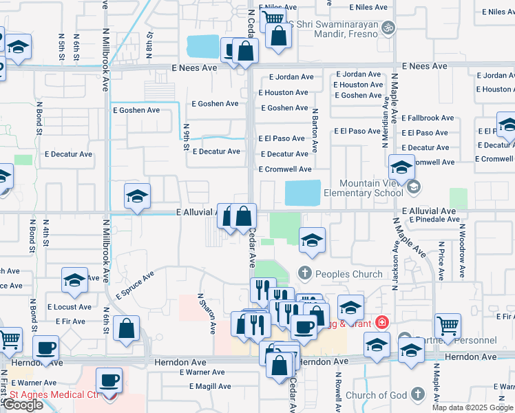 map of restaurants, bars, coffee shops, grocery stores, and more near 1542 East Alluvial Avenue in Fresno