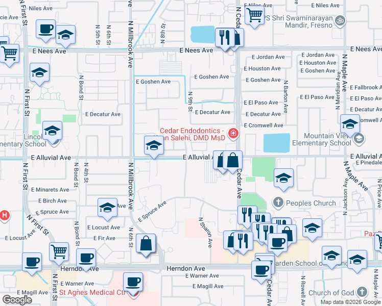 map of restaurants, bars, coffee shops, grocery stores, and more near 1277 East Alluvial Avenue in Fresno