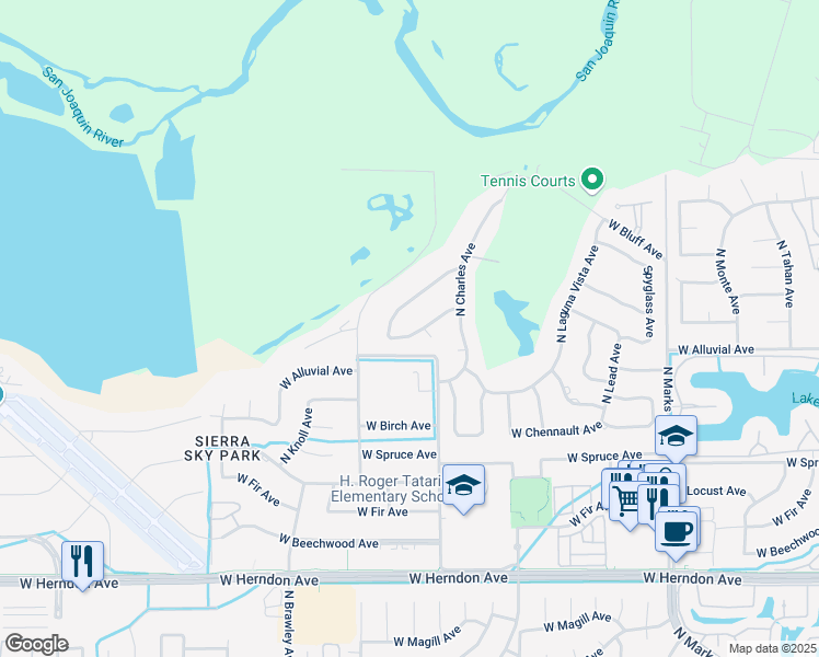 map of restaurants, bars, coffee shops, grocery stores, and more near 3579 West Loma Linda Avenue in Fresno