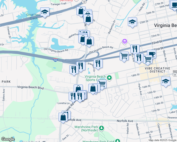 map of restaurants, bars, coffee shops, grocery stores, and more near 460 Eden Roc Circle in Virginia Beach