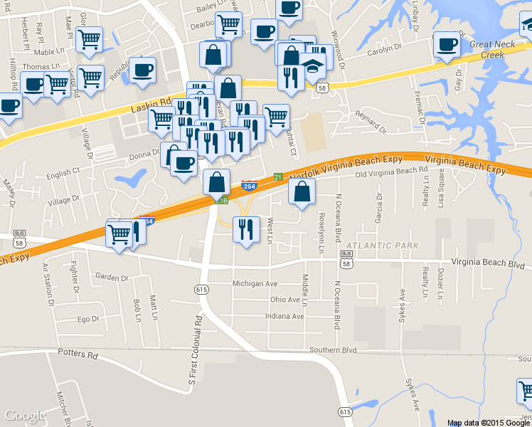 map of restaurants, bars, coffee shops, grocery stores, and more near 400 Hill Meadow Drive in Virginia Beach