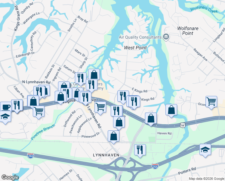 map of restaurants, bars, coffee shops, grocery stores, and more near 2809 Queen Anne Road in Virginia Beach