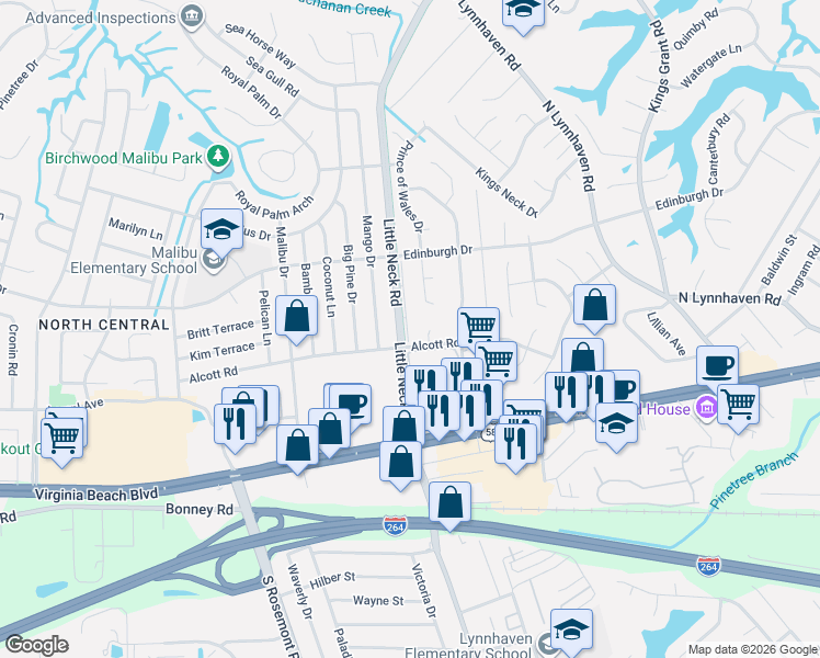 map of restaurants, bars, coffee shops, grocery stores, and more near 401 King James Court in Virginia Beach