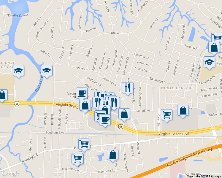 map of restaurants, bars, coffee shops, grocery stores, and more near 3915 Wyckoff Drive in Virginia Beach