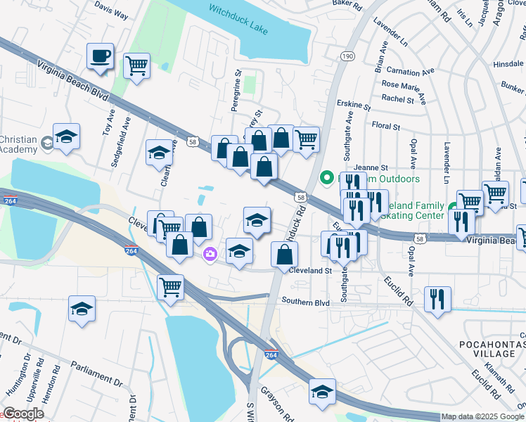 map of restaurants, bars, coffee shops, grocery stores, and more near 5150 Florentine Way in Virginia Beach