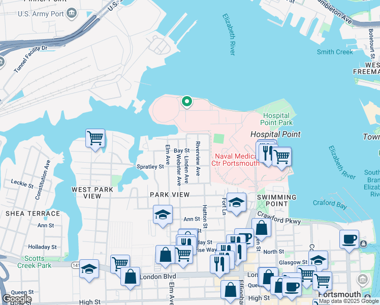 map of restaurants, bars, coffee shops, grocery stores, and more near 51 Linden Avenue in Portsmouth
