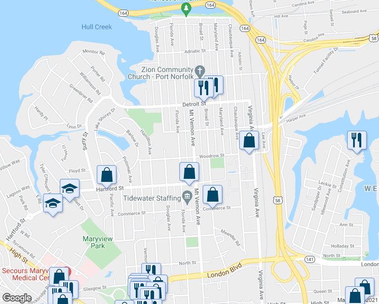map of restaurants, bars, coffee shops, grocery stores, and more near 600 Mount Vernon Avenue in Portsmouth