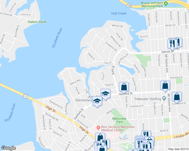 map of restaurants, bars, coffee shops, grocery stores, and more near 622 Lanier Crescent in Portsmouth