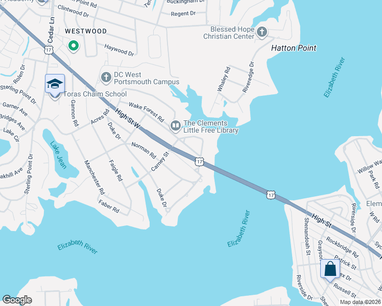 map of restaurants, bars, coffee shops, grocery stores, and more near 4400 Green Acres Parkway in Portsmouth