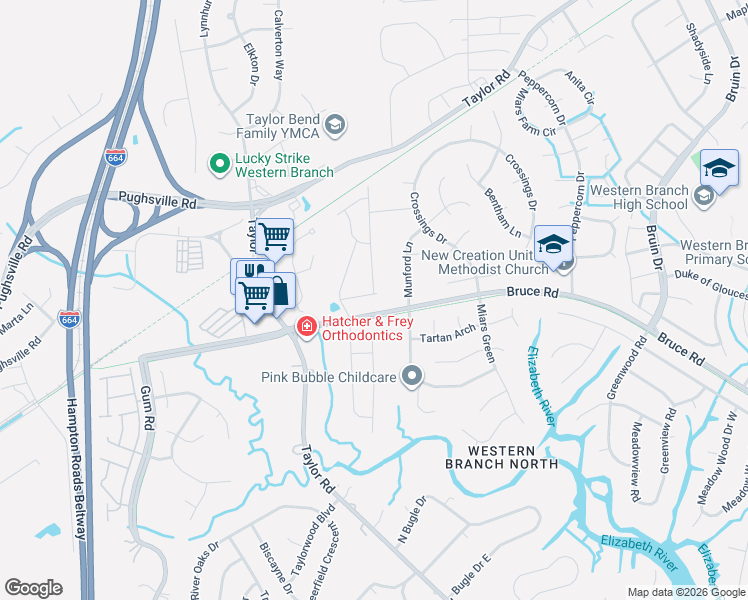 map of restaurants, bars, coffee shops, grocery stores, and more near 4543 Bruce Road in Chesapeake