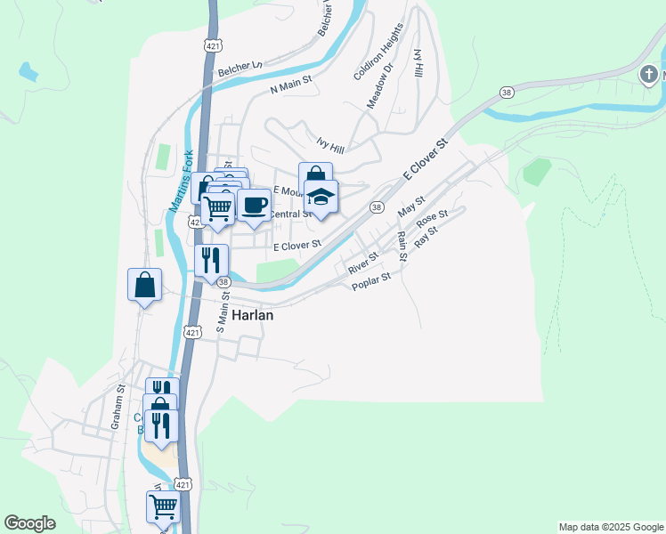map of restaurants, bars, coffee shops, grocery stores, and more near 301 Poplar Street in Harlan