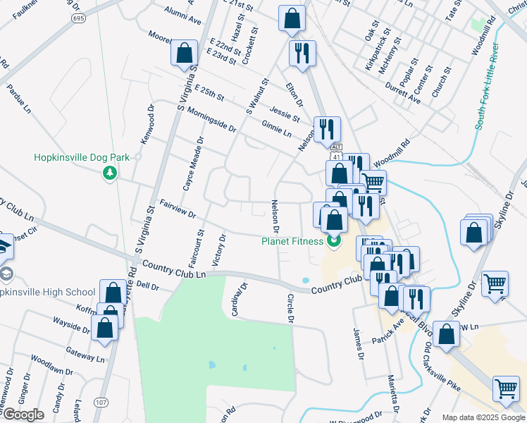 map of restaurants, bars, coffee shops, grocery stores, and more near 2799 Willow Ct in Hopkinsville