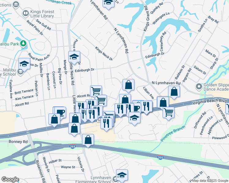 map of restaurants, bars, coffee shops, grocery stores, and more near 394 Phyllis Court in Virginia Beach