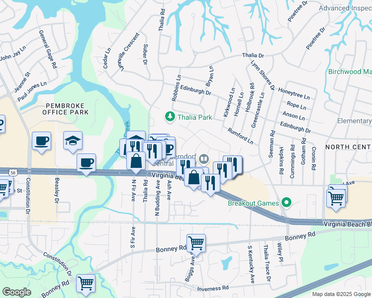 map of restaurants, bars, coffee shops, grocery stores, and more near 301 Boerum Court in Virginia Beach