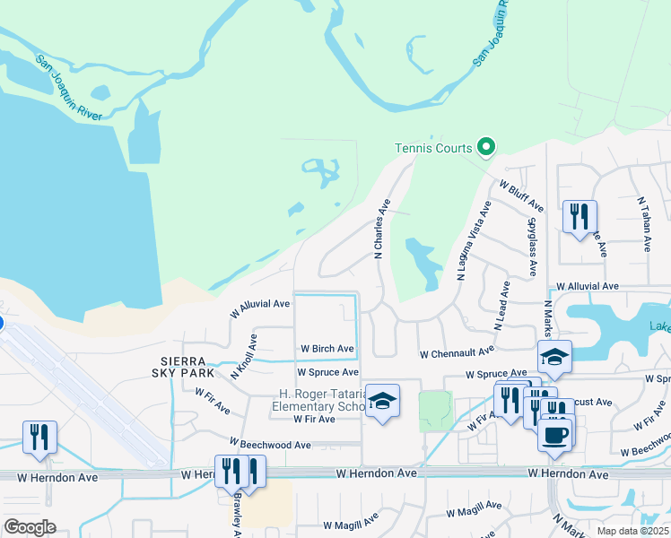 map of restaurants, bars, coffee shops, grocery stores, and more near 3579 West Loma Linda Avenue in Fresno