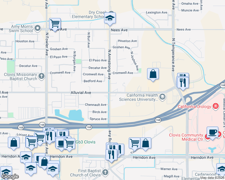 map of restaurants, bars, coffee shops, grocery stores, and more near 827 North Armstrong Avenue in Clovis