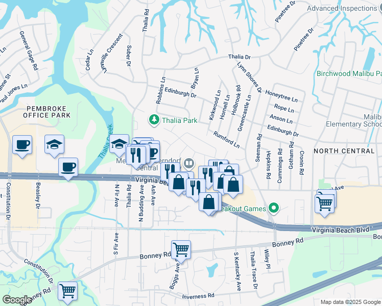 map of restaurants, bars, coffee shops, grocery stores, and more near 3977 Wyckoff Drive in Virginia Beach