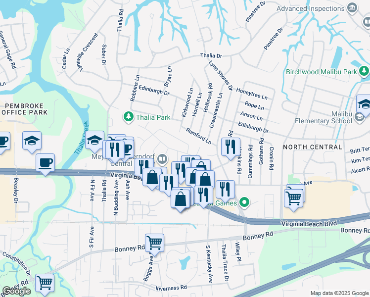 map of restaurants, bars, coffee shops, grocery stores, and more near 3905 Roebling Lane in Virginia Beach