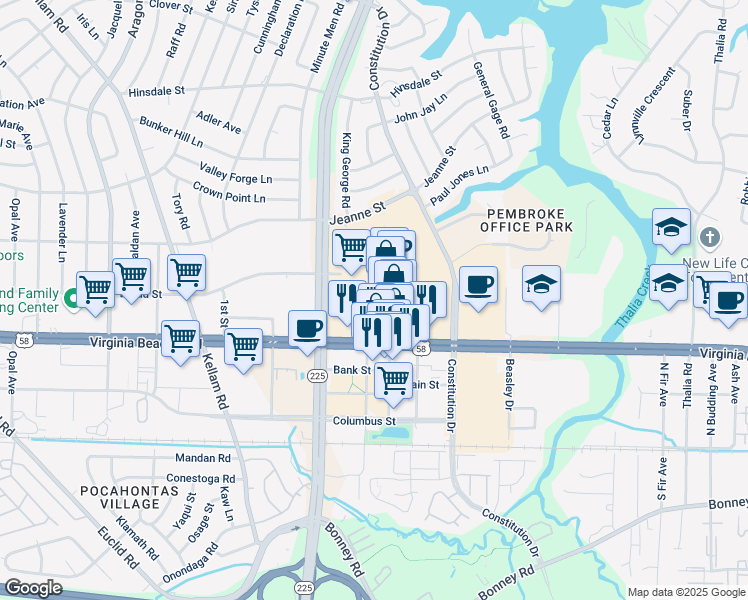 map of restaurants, bars, coffee shops, grocery stores, and more near 4554 Virginia Beach Boulevard in Virginia Beach