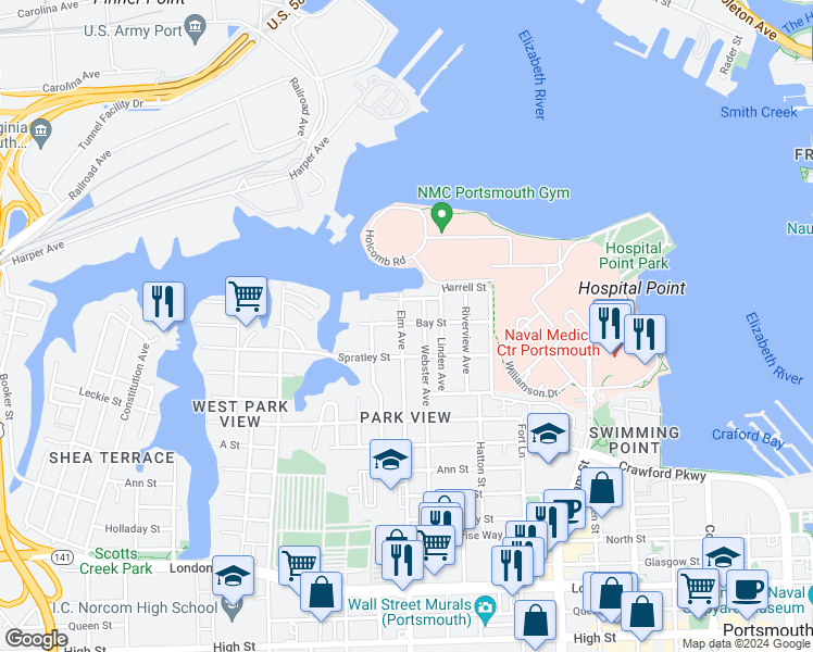 map of restaurants, bars, coffee shops, grocery stores, and more near 51 Elm Avenue in Portsmouth
