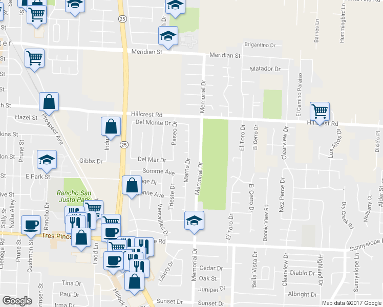 map of restaurants, bars, coffee shops, grocery stores, and more near 981 Marne Drive in Hollister