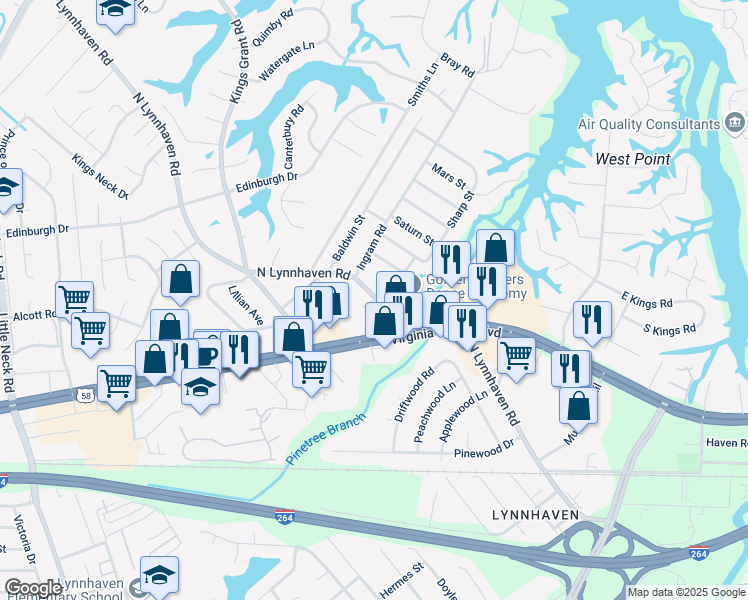 map of restaurants, bars, coffee shops, grocery stores, and more near 316 Swain Hill Court in Virginia Beach