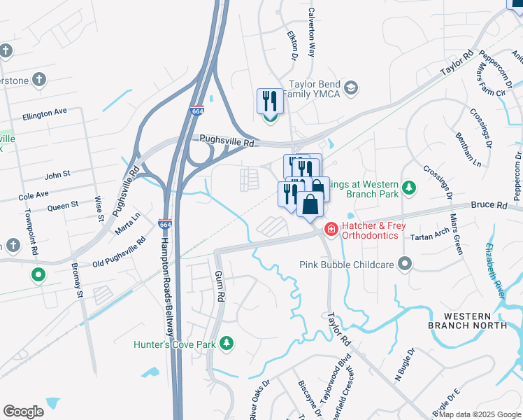 map of restaurants, bars, coffee shops, grocery stores, and more near 3328 Station House Road in Chesapeake