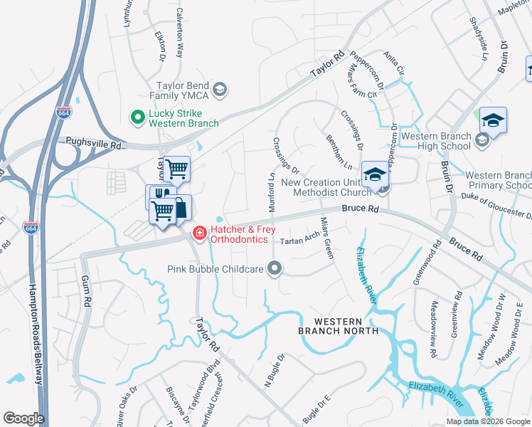 map of restaurants, bars, coffee shops, grocery stores, and more near 4337 Munford Lane in Chesapeake