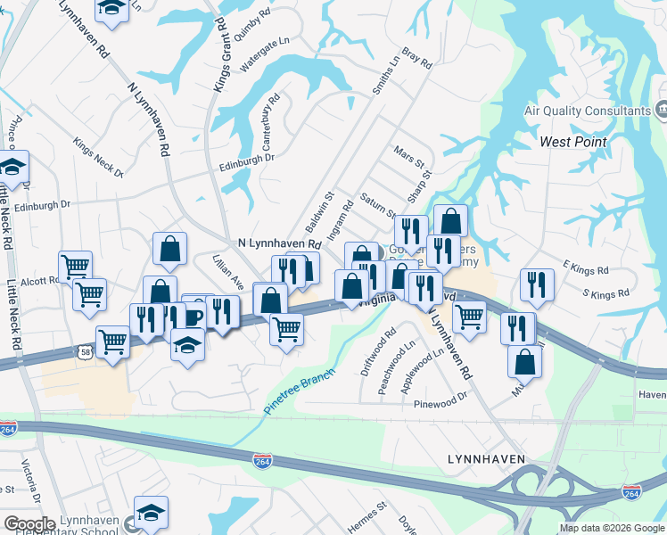 map of restaurants, bars, coffee shops, grocery stores, and more near 2976 Virginia Beach Boulevard in Virginia Beach