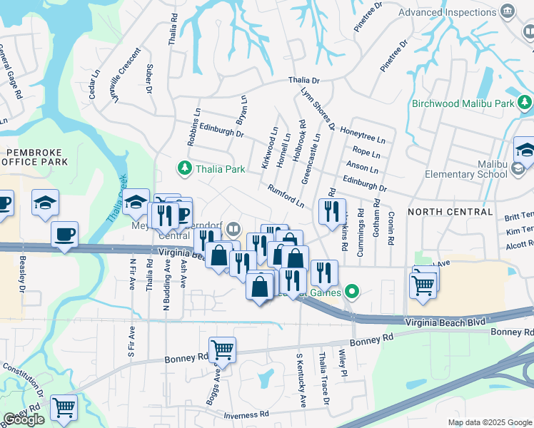 map of restaurants, bars, coffee shops, grocery stores, and more near 3905 Roebling Lane in Virginia Beach