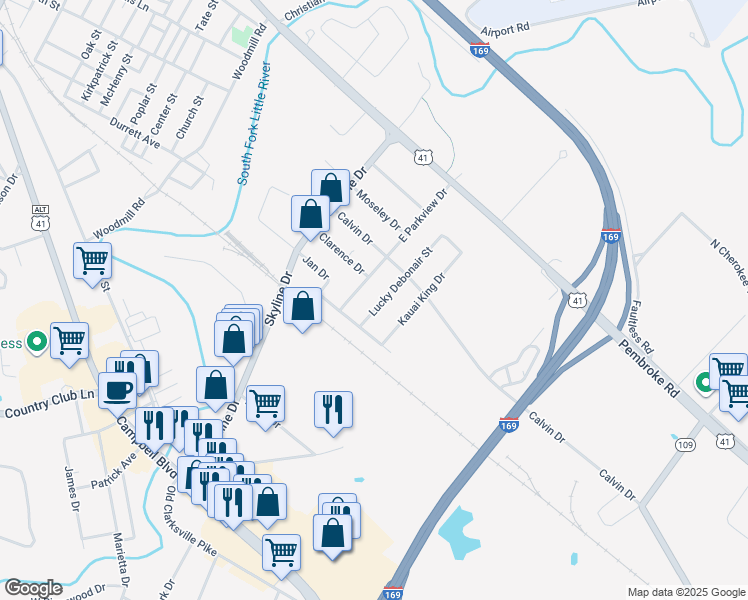 map of restaurants, bars, coffee shops, grocery stores, and more near 419 Lucky Debonair Drive in Hopkinsville