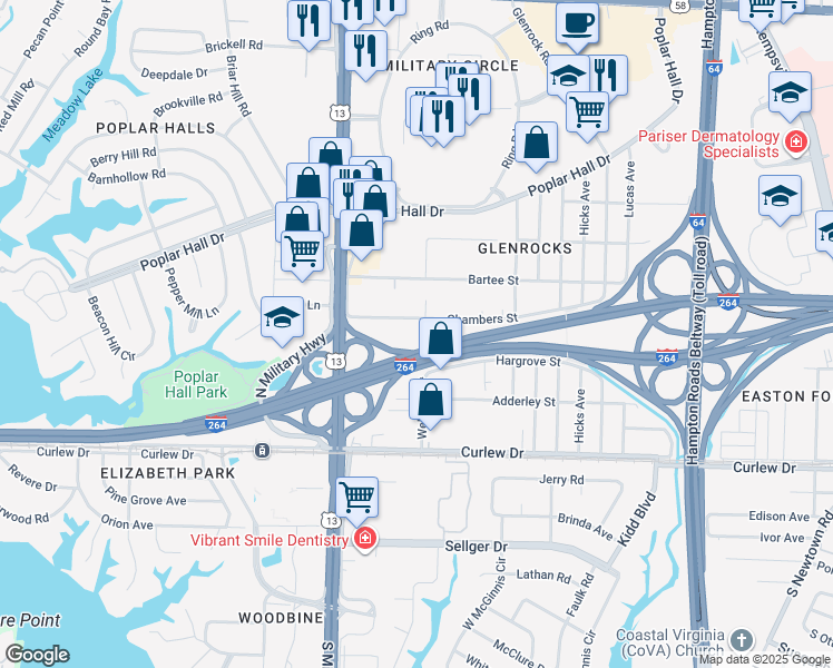 map of restaurants, bars, coffee shops, grocery stores, and more near 213 Wellman Street in Norfolk