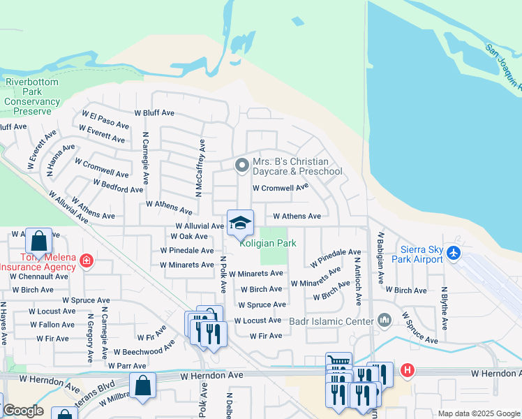 map of restaurants, bars, coffee shops, grocery stores, and more near 7507 North Constance Avenue in Fresno