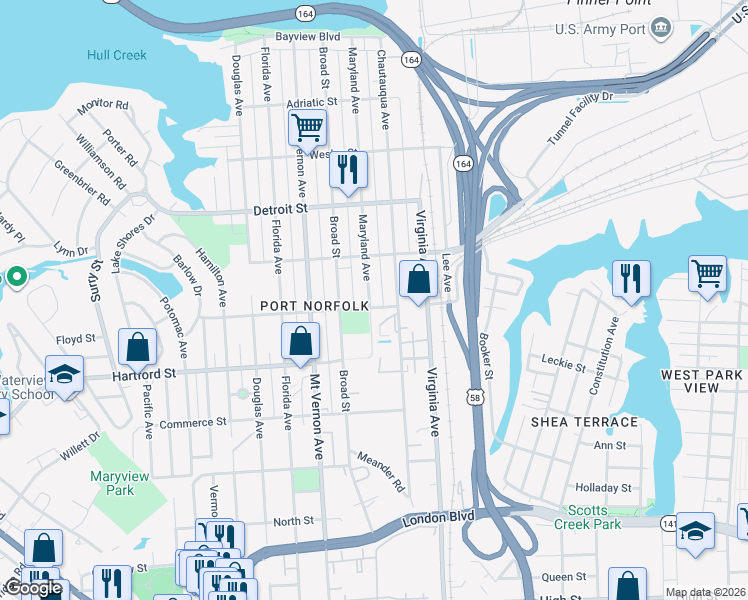 map of restaurants, bars, coffee shops, grocery stores, and more near 2503 Woodrow Street in Portsmouth