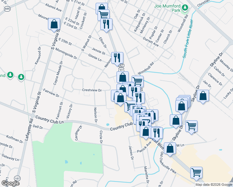 map of restaurants, bars, coffee shops, grocery stores, and more near 2700-2718 Lindsey Drive in Hopkinsville