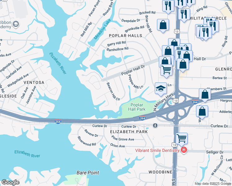 map of restaurants, bars, coffee shops, grocery stores, and more near 405 Saddle Rock Road in Norfolk